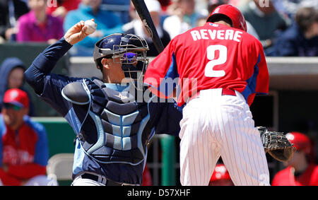 St. Petersburg, Florida. 26th March 26, 2013. Jose Lobaton catches during the Rays game against the Philadelphia Phillies at Bright House Field Tuesday, March 26, 2013 in Clearwater FL. (Credit Image: Credit:  James Borchuck/Tampa Bay Times/ZUMAPRESS.com/Alamy Live News) Stock Photo