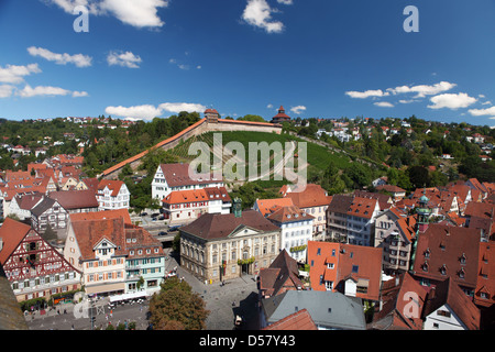 Esslingen Town view from church tower over Market Place and Castle Stock Photo