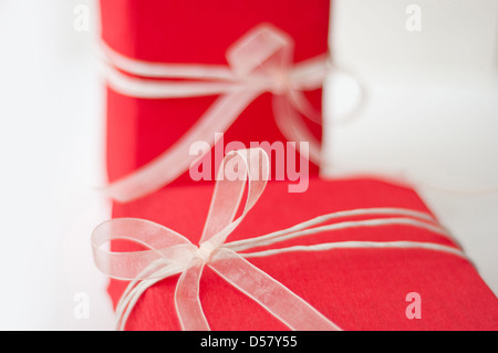 two red presents box with bows on the birthday Stock Photo