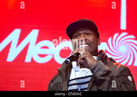 Berlin, Germany. 26th March, 2013. 50 Cent (Curtis James Jackson), U.S. rap star, introduces his new company SMS Audio Headphones with autograph session at Media Markt in the ALEXA in Berlin. Stock Photo