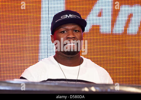 Berlin, Germany. 26th March, 2013. 50 Cent (Curtis James Jackson), U.S. rap star, introduces his new company SMS Audio Headphones with autograph session at Media Markt in the ALEXA in Berlin. Stock Photo