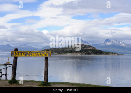 The Beagle Channel and Isola Redonda from Bahia Ensenada  in the   Tierra del Fuego National Park. Stock Photo