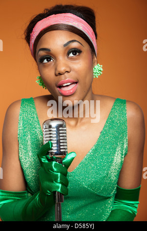 Vintage soul jazz woman singing. Black african american. Stock Photo