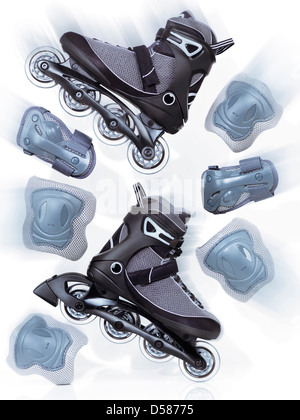 Inline skates, rollerblades and protective gear accessories, artistic dynamic still life sith motion blur isolated on white Stock Photo