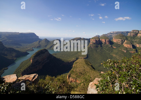 View of the three rondavels and Blyderivierpoort Dam in the Blyde River Canyon in Mpumalanga, South Africa Stock Photo