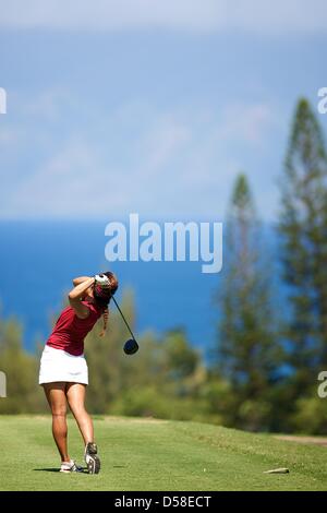 Kapalua, Hawaii, USA. 25th March 2013. Mariko Tumangan of Stanford tees off during the 2013 Anuenue Spring Break Classic hosted by University of Hawaii at the Kapalua Bay Course on the island of Maui. Credit: Cal Sport Media / Alamy Live News Stock Photo