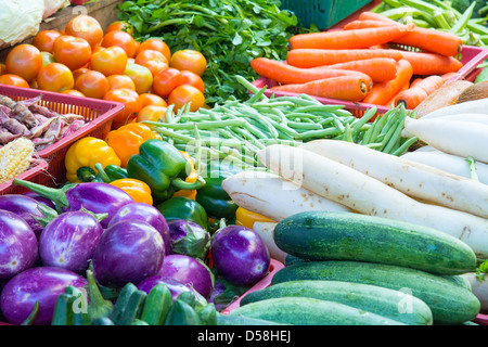 Vegetables Stand in Wet Market in Asia with Cucumbers Tomatoes Carrots Beans Eggplant Radish Stock Photo