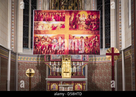 The Lenten Cloth of the Catholic Aid Organization Misereor hangs over the altar in St. Joseph's Catholic Church in Bamberg-Gaustadt, Germany, 16 March 2013. This year's veil was designed by Bolivian artis Ejti Stih on the topic 'How much bread do you have.' Photo: David Ebener Stock Photo