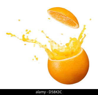 juice splashing out from orange isolated on white background Stock Photo
