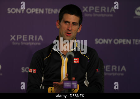 Miami, Florida, USA. 26th March 2013. Novak Djokovic of Serbia talks during the press conference after his defeat against Tommy Haas of Germany during day 9 of the Sony Open 2013. Credit: Mauricio Paiz / Alamy Live News Stock Photo