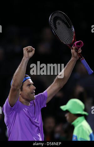 Miami, Florida, USA. 26th March 2013. Tommy Haas of Germany reacts after defeating Novak Djokovic of Serbia during day 9 of the Sony Open 2013. Credit: Mauricio Paiz / Alamy Live News Stock Photo