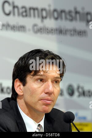Germany's head coach Uwe Krupp pictured at a press conference after the IIHF Ice Hockey World Championships semi-finals match Russia vs Germany at Lanxess Arena in Cologne, Germany, 22 May 2010. Russia defeated Germany 2-1 and moves on to the finals. Photo: FEDERICO GAMBARINI (ATTENTION: EDITORIAL USE ONLY!) Stock Photo