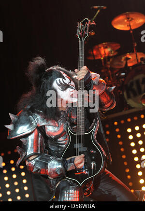 Musician Gene Simmons of US hard rock band Kiss perform during a concert at Arena Leipzig in Leipzig, Germany, 25 May 2010. The concert is the first of four concerts in Germany of the 'Sonic Boom over Europe Tour' during which Kiss presents their 19th studio album and older hits. Photo: Peter Endig Stock Photo