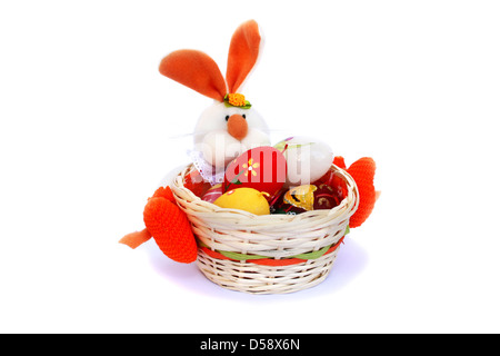 Easter setting with bunny and colorful eggs. Stock Photo