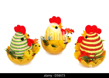 Easter setting with hens, chickens and eggs. Stock Photo