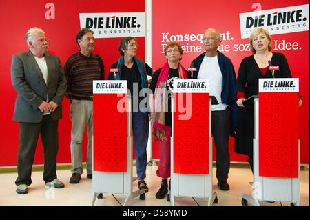 Nadar el Sakka from the Palastinian community Germany, assistant chairman of German International Physicians for the prevention of Nuclear War (IPPNW), Matthias Jochheim, member of German parliament Annette Groth, former member of German parliament Inga Hoeger, former member of German parliament Norman Paech and party chairman Gesine Loetzsch (L-R) hold a press conference of The Le
