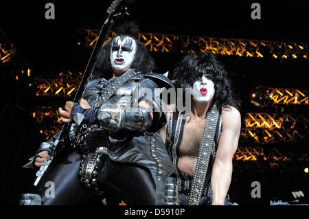 Gene Simmons (L) and Paul Stanley (R) of the rock band 'Kiss' perform during the rock music festival 'Rock am Ring' at the Nuerburgring, Germany, 03 June 2010. About 90 bands perform on three stages between 03 and 06 June 2010. Photo: Harald Tittel Stock Photo