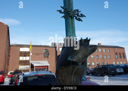 bear sculptures on lampposts outside sor-varanger kommune administration building council offices kirkenes finnmark - Stock Photo