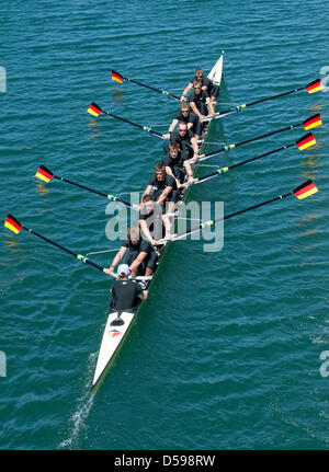 Germany's new eight oars with coxswain is presented on Dortmund-Ems-Canal in Dortmund, Germany, 16 June 2010. The pride of German rowing sports, with (bottom-top) coxswain Martin Sauer and Sebastian Schmidt, Toni Seifert, Lukas Mueller, Richard Schmidt, Florian Mennigen, Kristof Wilke, Maximilian Reinelt and Gregor Hauffe was officially introduced to the press. Photo: BERND THISSEN Stock Photo