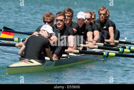 Germany's new eight oars with coxswain is presented on Dortmund-Ems-Canal in Dortmund, Germany, 16 June 2010. The pride of German rowing sports, with (bottom-top) coxswain Martin Sauer and Sebastian Schmidt, Toni Seifert, Lukas Mueller, Richard Schmidt, Florian Mennigen, Kristof Wilke, Maximilian Reinelt and Gregor Hauffe was officially introduced to the press. Photo: BERND THISSEN Stock Photo