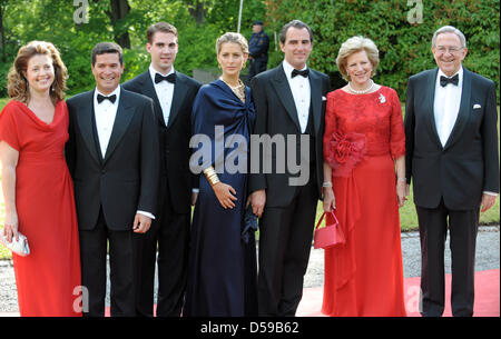 (L-R) Princess Alexia of Greece and Denmark, her husband Mr Carlos Morales Quintana, Prince Philippos of Greece and Denmark, Ms Tatiana Blatnik, Prince Nikolaos of Greece, Queen Anne-Marie of Greece and King Konstantin of Greece arrive for the goverment dinner held at the Eric Ericson Hall on Skeppsholmen, one of the islands of Stockholm, on the occasion of the wedding of Crown Pri Stock Photo