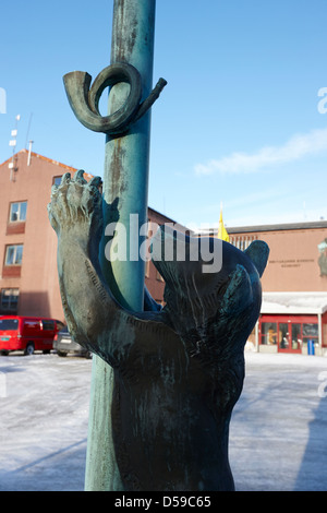 bear sculptures on lampposts outside sor-varanger kommune administration building council offices kirkenes finnmark - Stock Photo