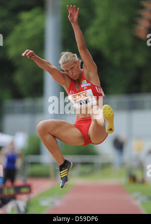 German heptathlete Jennifer Oeser jumps during the World Combined Event in Ratingen, Germany, 20 June 2010. Photo: Joerg Carstensen Stock Photo