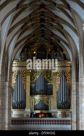 Organ builder Markus Schanze works on a Silbermann organ dating 1714 in the cathedral of Freiberg, Germany, 22 June 2010. The organ is one of the world's most prized ones, restauration of 170,000 euro costs have been completed on 24 June. Photo: Arno Burgi Stock Photo