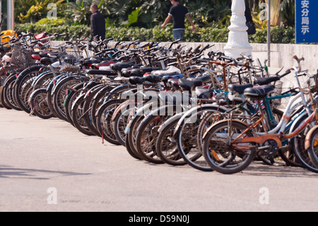 rows of  bicycles parked in the parking lot Stock Photo