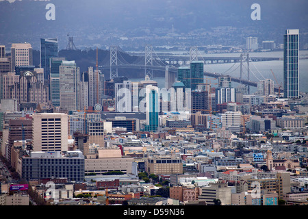 Downtown and Bay Bridge seen from Twin Peaks, San Francisco, California, United States of America, USA Stock Photo
