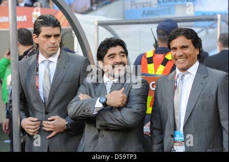 Argentina's coach Diego Armando Maradona smiles prior to the 2010 FIFA World Cup quarterfinal match between Argentina and Germany at the Green Point Stadium in Cape Town, South Africa 03 July 2010. Germany won 4-0. Photo: Marcus Brandt dpa - Please refer to http://dpaq.de/FIFA-WM2010-TC Stock Photo