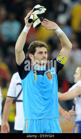 Spain's goalkeeper Iker Casillas celebrates after the 2010 FIFA World Cup semi-final match between Germany and Spain at the Durban Stadium in Durban, South Africa 07 July 2010. Spain won 1-0. Photo: Marcus Brandt dpa - Please refer to http://dpaq.de/FIFA-WM2010-TC  +++(c) dpa - Bildfunk+++ Stock Photo