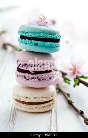 French macaroons in pink, turquoise and white Stock Photo