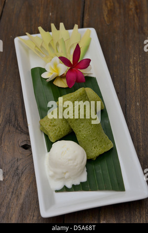 Indonesia, Bali, Ubud, desert ice cream and pancake at the Miro's garden restaurant Stock Photo