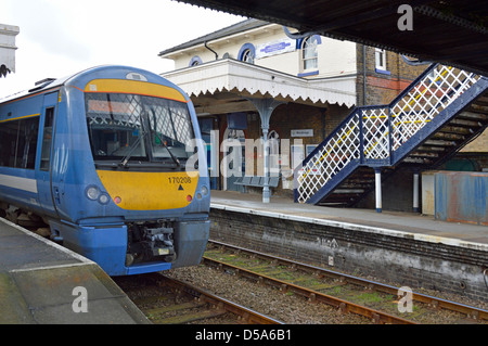 Woodbridge railway station on East Suffolk Line (Ipswich-Lowestoft) Greater Anglia train waiting at platform Woodbridge Suffolk East Anglia England UK Stock Photo