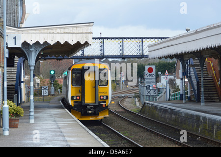 Greater Anglia train departing Woodbridge railway station platform on East Suffolk Line Ipswich to Lowestoft route Suffolk East Anglia England UK Stock Photo