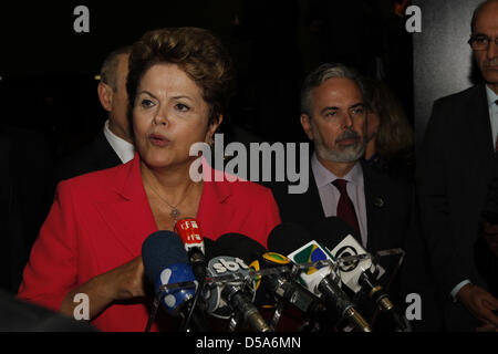 Durban, South Africa. 27th March, 2013. Brazilian president Dilma Rousseff gives an impromptu press conference after the completion of the Fifth Brics Summit in Durban. Picture Giordano Stolley Stock Photo