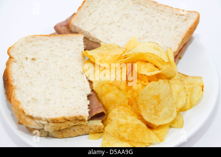 Roast beef sandwich and crisps snack lunch Stock Photo