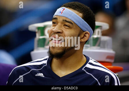 March 25, 2013 - New Orleans, Louisiana, United States of America - March 26, 2013: Denver Nuggets center JaVale McGee (34) reacts from the bench during the NBA basketball game between the New Orleans Hornets and the Denver Nuggets at the New Orleans Arena in New Orleans, LA. Stock Photo