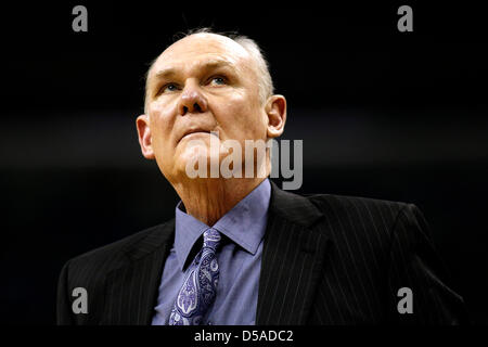 March 25, 2013 - New Orleans, Louisiana, United States of America - March 26, 2013: Denver Nuggets head coach George Karl looks on during the NBA basketball game between the New Orleans Hornets and the Denver Nuggets at the New Orleans Arena in New Orleans, LA. Stock Photo