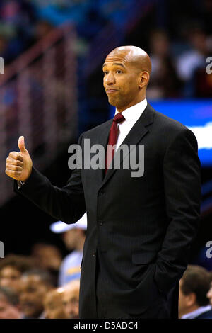 March 25, 2013 - New Orleans, Louisiana, United States of America - March 26, 2013: New Orleans Hornets head coach Monty Williams reacts during the NBA basketball game between the New Orleans Hornets and the Denver Nuggets at the New Orleans Arena in New Orleans, LA. Stock Photo