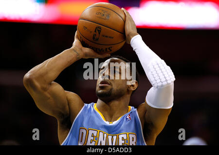 March 25, 2013 - New Orleans, Louisiana, United States of America - March 26, 2013: Denver Nuggets shooting guard Andre Iguodala (9) shoots a free throw during the NBA basketball game between the New Orleans Hornets and the Denver Nuggets at the New Orleans Arena in New Orleans, LA. Stock Photo