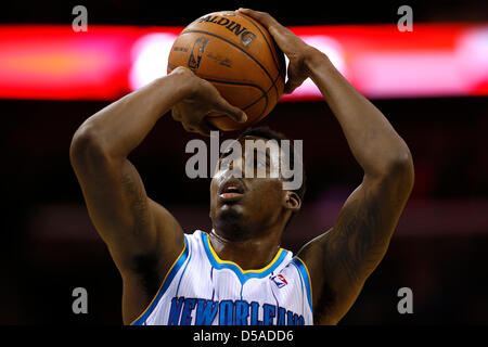 March 25, 2013 - New Orleans, Louisiana, United States of America - March 26, 2013: New Orleans Hornets small forward Al-Farouq Aminu (0) shoots a free throw during the NBA basketball game between the New Orleans Hornets and the Denver Nuggets at the New Orleans Arena in New Orleans, LA. Stock Photo