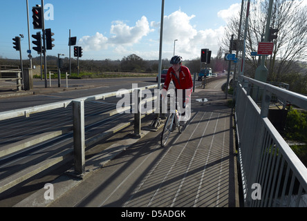 cyclist on the exe cycle route at Countess Wear swing bridge Exeter Devon Stock Photo