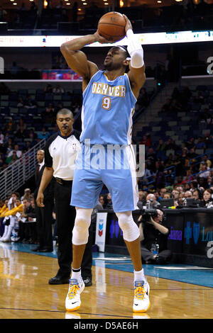 March 25, 2013 - New Orleans, Louisiana, United States of America - March 26, 2013: Denver Nuggets shooting guard Andre Iguodala (9) shoots the ball during the NBA basketball game between the New Orleans Hornets and the Denver Nuggets at the New Orleans Arena in New Orleans, LA. Stock Photo