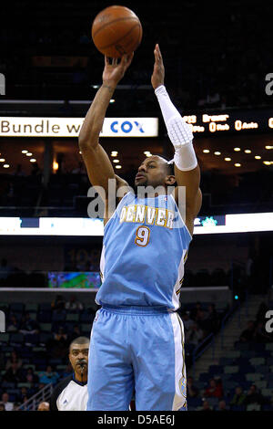 March 25, 2013 - New Orleans, Louisiana, United States of America - March 26, 2013: Denver Nuggets shooting guard Andre Iguodala (9) shoots the ball during the NBA basketball game between the New Orleans Hornets and the Denver Nuggets at the New Orleans Arena in New Orleans, LA. Stock Photo