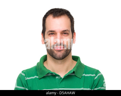 Portrait of a 3-day bearded young man smiling wearing a green striped polo shirt Stock Photo