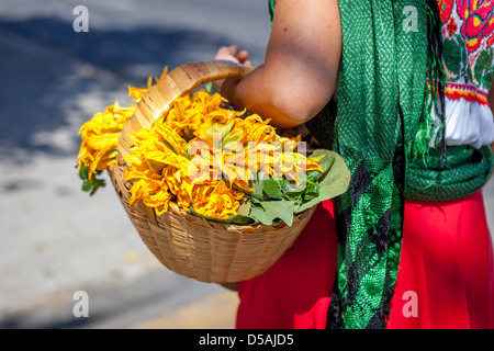 Latin woman in Traditional Mexican Dress with a basket of greens Stock Photo