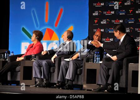 Durban, South Africa. 27th March 2013. President Jacob Zuma, President Dilma Rousseff, President Vladimir Puting and President Xi Jigping at the BRICS summit on March 27, 2013, in Durban, South Africa. South Africa hosted the fifth BRICS Summit at the Durban International Convention Centre (ICC) on March 26 and 27, 2013. This will complete the first cycle of BRICS summits. (Photo by Gallo Images / The Times / Thuli Dlamini/Alamy Live News) Stock Photo