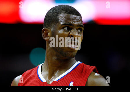 New Orleans, Louisiana, USA. 27th March 2013. Los Angeles Clippers point guard Chris Paul (3) reacts during the NBA basketball game between the New Orleans Hornets and the Los Angeles Clippers at the New Orleans Arena in New Orleans, LA. Cal Sport Media / Alamy Live News Stock Photo